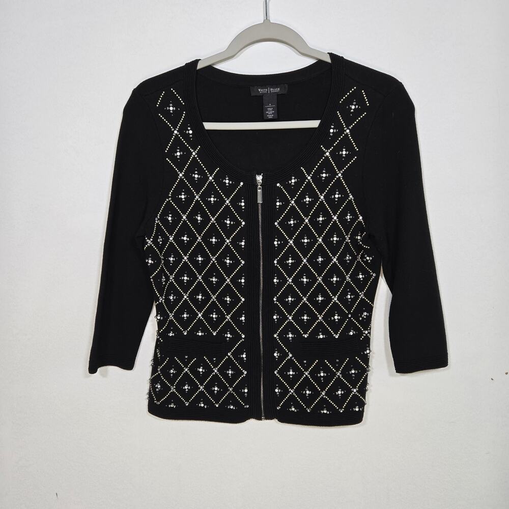White House Black Market Full Zip Knit Black Beaded Cardigan. Size Small